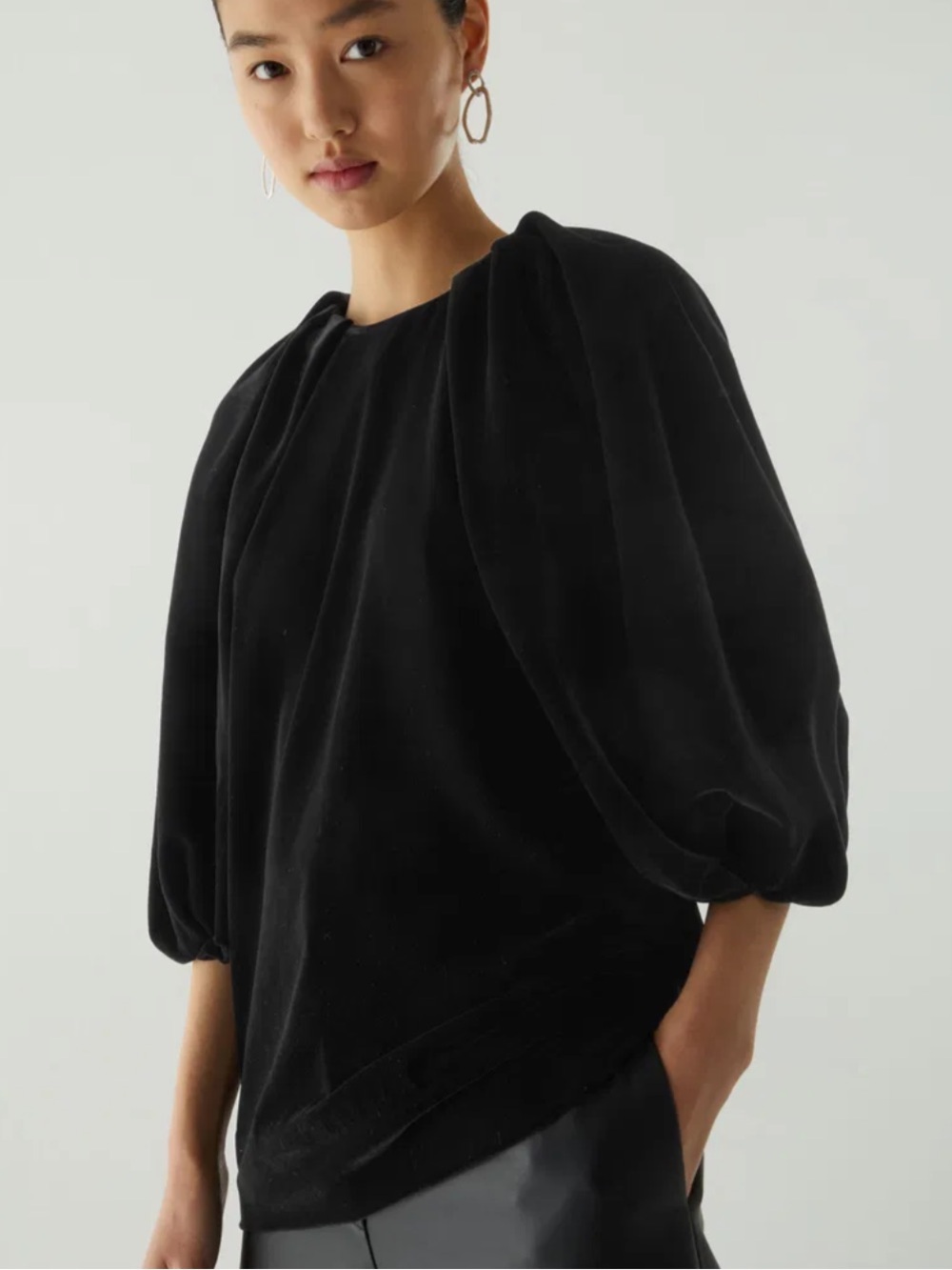 COS Black Velvet Pleated Puff-Sleeve Blouse Size 10
